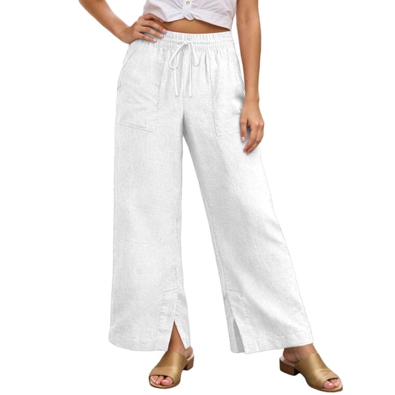 XAOFW Women's Casual Pants Solid Color Elastic Waist And Drawstring Ties Comfort Fit Wide Leg Trouser Daily Wear Soft Breathable Trousers