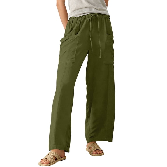 XAOFW Women's Casual Pants Solid Color Elastic Waist Cargo Trousers Relaxed Fit Wide Leg Pant With Large Pockets And Drawstring Outdoor Activities Comfortable Stylish Trouser