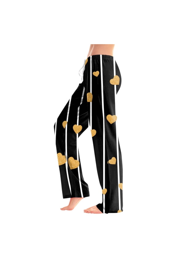 Women's Casual Pants Valentine'S Day Drawstring Sparkly Heart Print Striped Relaxed Fit Wide Leg Trouser Outdoor Activities Soft Breathable Slacks