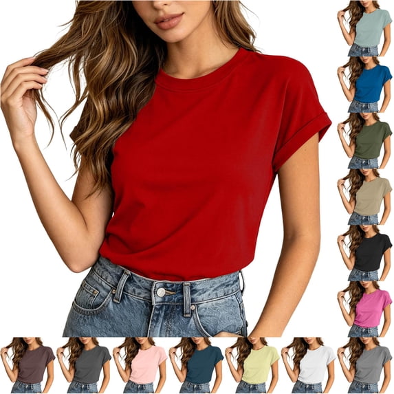 XAOFW Women's Casual T Shirts Stretchy Slim Fit Short Sleeve T-Shirt Soft Summer Basic Tees Trendy Top XS