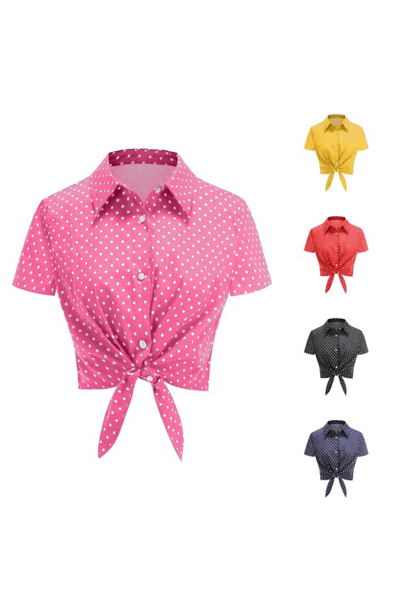 Women's Fashionable Shirts Polka Dot Button Front Short Sleeve Blouse With Tailored Fit For Everyday Wear Versatile Tops L