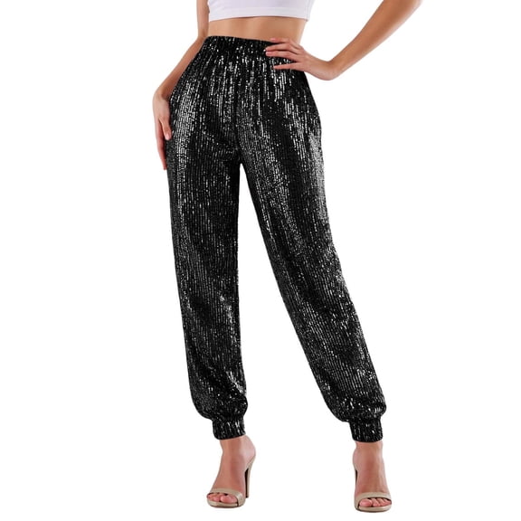 XAOFW Women's Pants Carnival Glitter Sequined Straight Leg Pant High Waisted Baggy Trouser Soft Breathable Casual Daily Wear Slacks