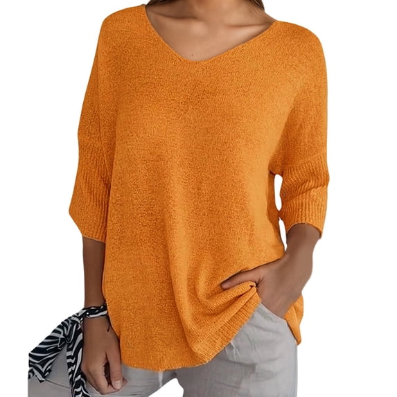 XAOFW Women's Sweater Solid Color 3/4 Sleeve V Neck Sweaters Everyday Wear Slim Fit Knitted Pullover Outdoor Activities Stylish Cozy Knitwear