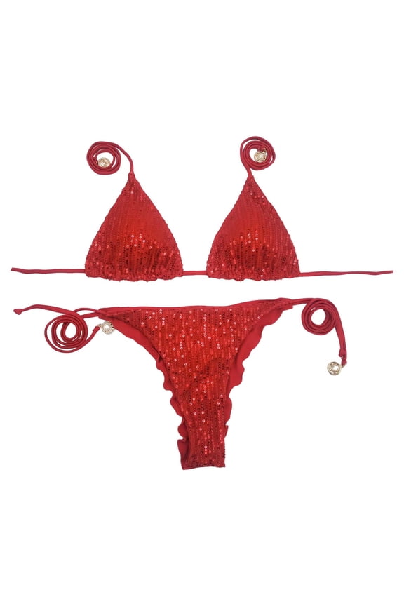 Women's Swimsuit Sets Carnival Sparkling High Waisted V Neck Sequins Top And Bottoms Bikini Swimsuit Two Piece Swimwear Beach Sports Soft Comfortable Swim Wear
