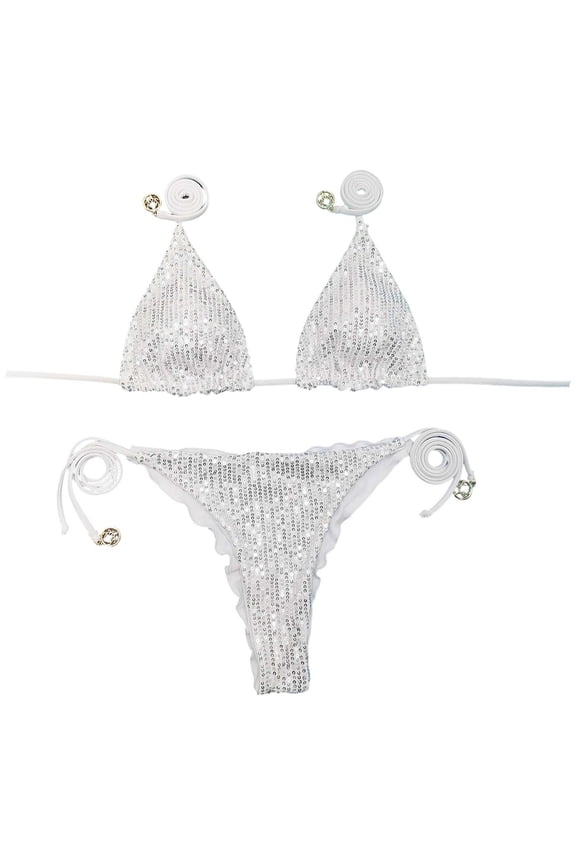 Women's Swimsuit Sets Carnival Sparkling High Waisted V Neck Sequins Top And Bottoms Bikini Swimsuit Two Piece Swimwear Swimming Lessons Stylish Breathable Bathing Suit