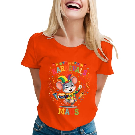XAOFW Women's T-Shirts Carnival Short Sleeve Crewneck Cartoon Print T Shirt Leisure Wear Loose Fit Tee Shirts Holiday Vacation Soft Breathable Tops