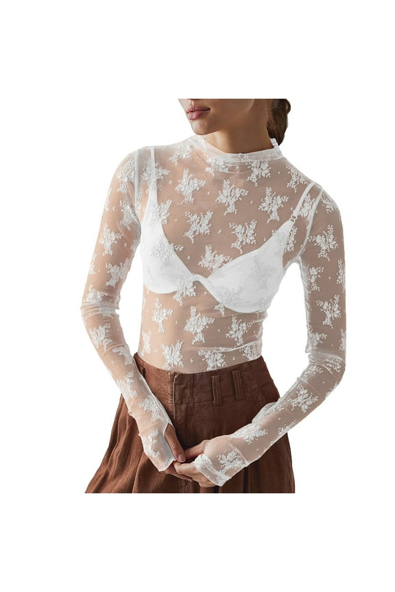 Women's T-Shirts Long Sleeve Crew Neck Floral Embroidery Sheer See Through Elegant T Shirts Daily Wear Loose Fit Tee Shirts Home Lounging Soft Comfortable Top