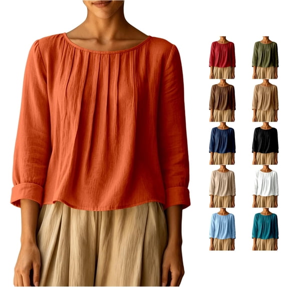 XAOFW Women's T Shirts Loose Fit Pleated Round Neck 3/4 Sleeve Solid Color Shirt For Casual Everyday Wear Versatile Top XXL