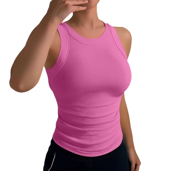 XAOFW Women's Tank Tops Fashion Solid Color Sleeveless Scoop Neck Ribbed Slim Fit Vest Outdoor Activities Versatile Trendy Tops