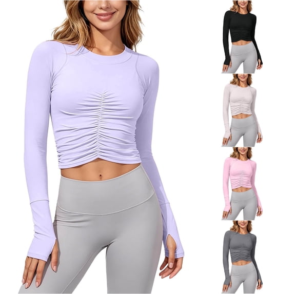 XAOFW Women's Workout T Shirts Elegant Ruched Long Sleeve Gym Tee For Women Cropped Round Neck Athletic T-Shirts Breathable Top L
