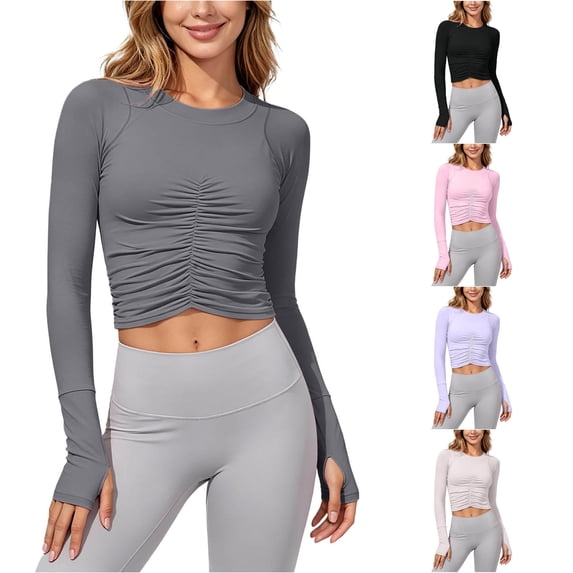 XAOFW Women's Workout T Shirts Elegant Ruched Long Sleeve Gym Tee For Women Cropped Round Neck Athletic T-Shirts Trendy Tops XL