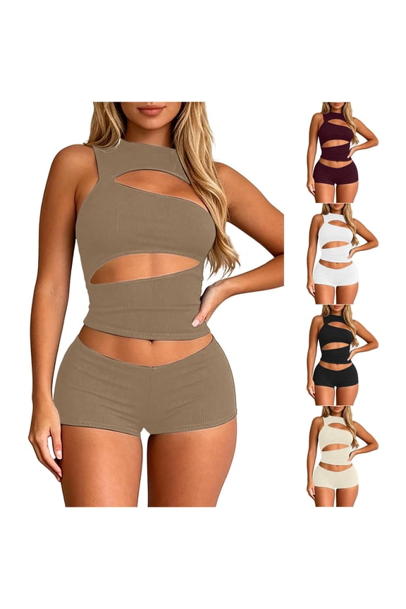 Womens Summer Outfits Sleeveless High Neck Hollow Out Crop Tank Top High Waist Bodycon Shorts Streetwear Solid Color Short Sets Women 2 Piece Outfits Trendy Clothes Sets S
