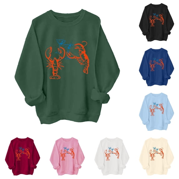 XAOFW Womens Sweatshirt Crewneck Long Sleeve Lobster Patterned Pullover Hoodless Sweatshirt Breathable Top M