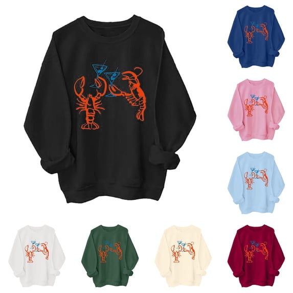XAOFW Womens Sweatshirt Crewneck Long Sleeve Lobster Patterned Pullover Hoodless Sweatshirt Trendy Top L