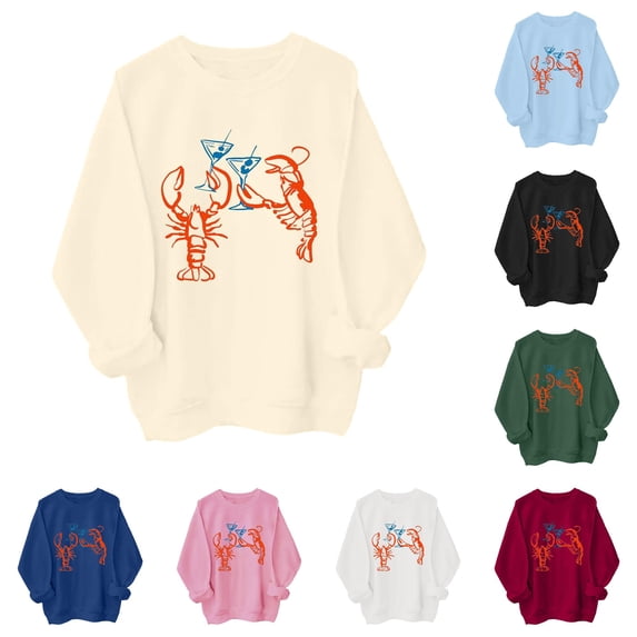 XAOFW Womens Sweatshirt Crewneck Long Sleeve Lobster Patterned Pullover Hoodless Sweatshirt Trendy Tops L