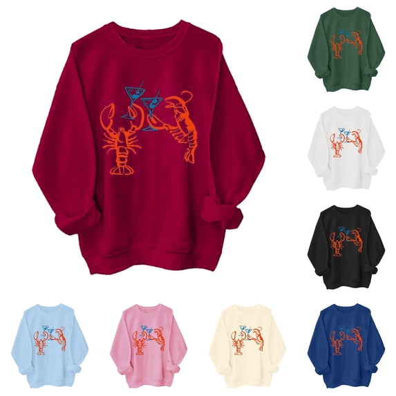 XAOFW Womens Sweatshirt Crewneck Long Sleeve Lobster Patterned Pullover Hoodless Sweatshirt Versatile Top XXL