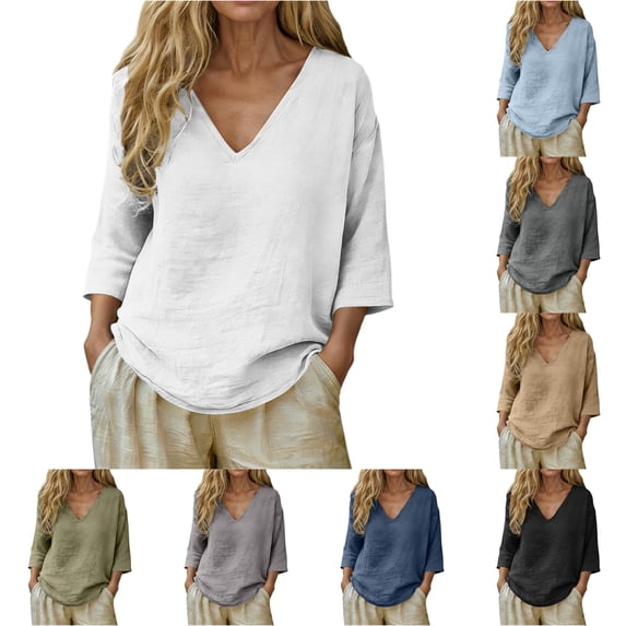 XAOFW Womens T Shirts Fashion Loose Fit Casual Short Sleeve V Neck Tees Summer Everyday Basic T-Shirts Comfortable Tops M