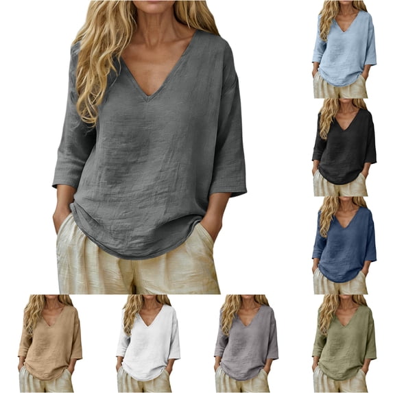 XAOFW Womens T Shirts Fashion Loose Fit Casual Short Sleeve V Neck Tees Summer Everyday Basic T-Shirts Versatile Top S