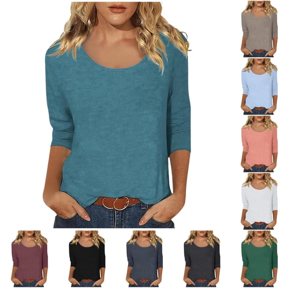 XAOFW Womens T Shirts Solid Color Scoop Neck 3/4 Sleeve T-Shirt Stretch Knit Basic Layering Casual Everyday Tees Trendy Top XL
