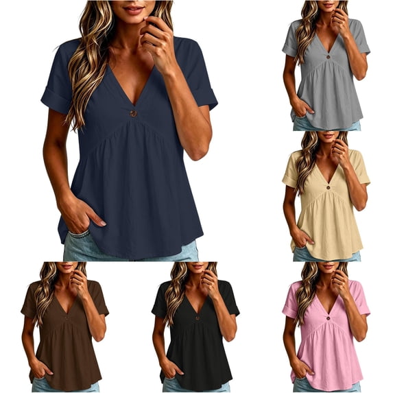 XAOFW Womens T Shirts Solid Color V Neck Button Up Loose Fitting Short Sleeved T Shirt Versatile Tops XL
