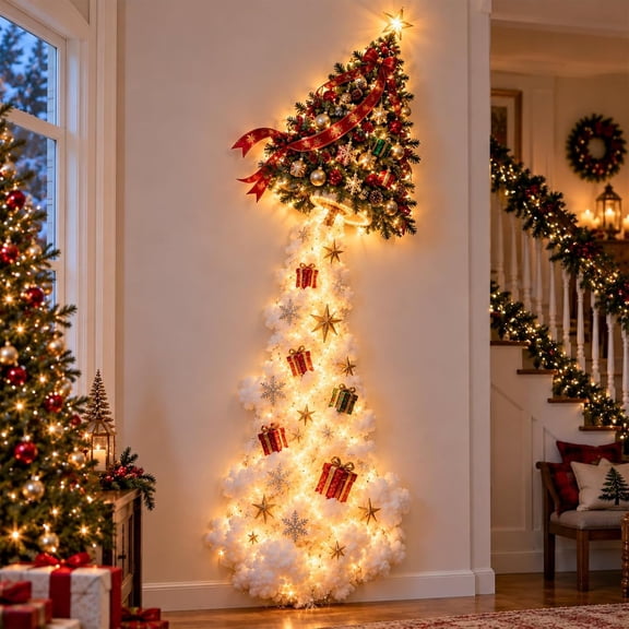 XAOUS Christmas Magic Trail Wall Light, LED Cascading Holiday Decor,A7 | Warm White Glow, Space-Saving Wall Decor, Easy Wall Placement, Sparkling Cascading Snow Effect, Seasonal Ambiance