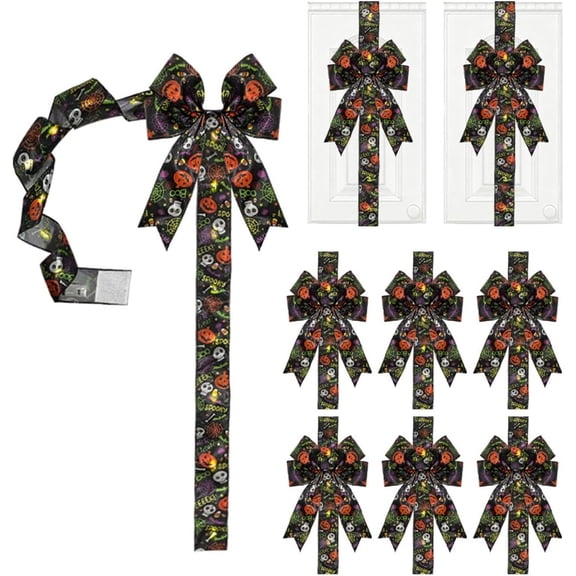 XAOUS Halloween Cabinet Bow Decoration 6 Pack Pumpkin Ribbon Wreath with 39.4 Inch Hanging Strip for Kitchen Door Fall Party