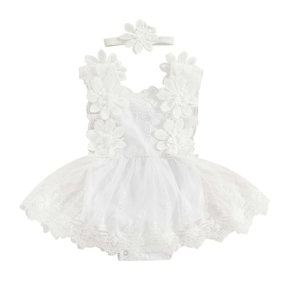 XAOWF Baby Girls Casual Romper Solid Color Sleeveless Floral Printed Loose Fit Lace Mesh Tutu Dress Bodysuit With Headband Relaxed Fit Stylish Rompers 9-12 Months