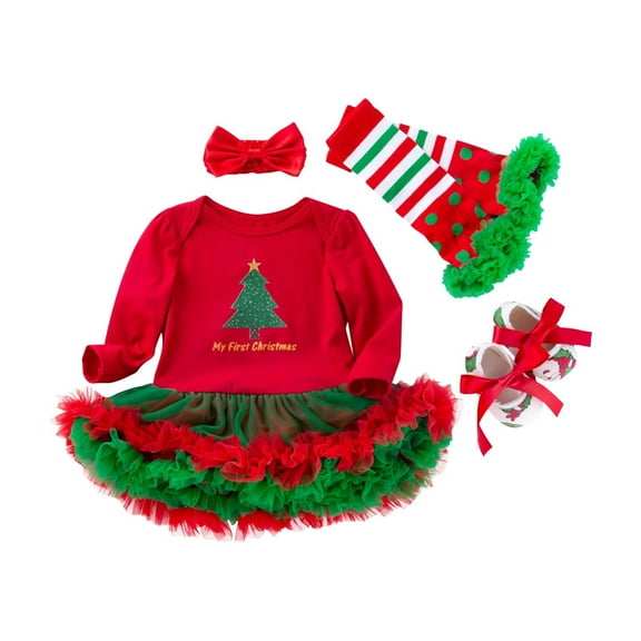 XAOWF Baby Newborn Infant Romper Girls Fashion Casual Christmas Tree Printed Tutu Dress With Headband 4 Pcs Lovely Leisure Rompers 3-6 Months