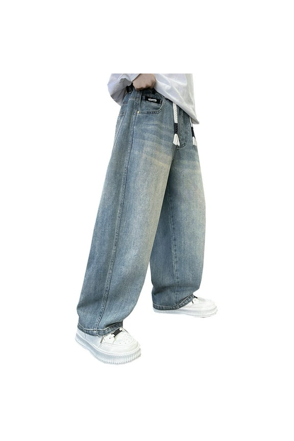 Child Boys Casual Denim Pants Elastic Waist Loose Fit Fashion Straight Leg Jeans With Drawstring 6-16 Years Versatile Cozy Trousers