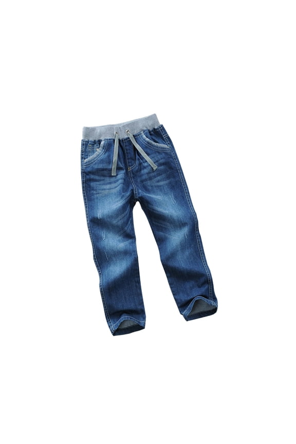 Child Boys Casual Jeans Elastic Waist Drawstring Straight Wide Leg Denim Pants With Pockets 2-14 Years Stylish Relaxed Fit Trousers