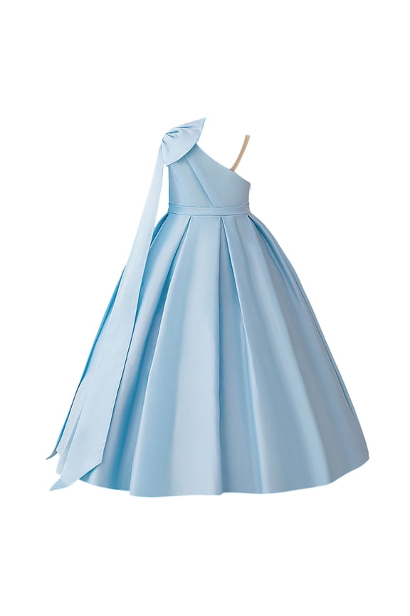 Child Girl Toddler Dress One-Shoulder Bow Solid Color Loose Fit Elegant A-Line Ankle-Length Dresses 2025 Lovely Trendy Sundress