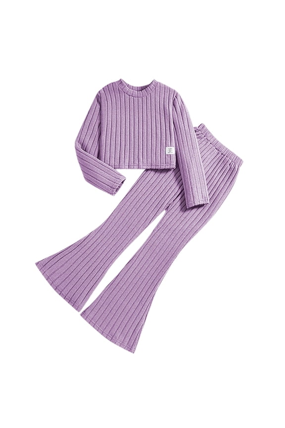 Child Girls 2 Piece Sets Solid Color Ribbed Long Sleeve Crop Sweatshirt And Flared Pants Fashion Outfits Relaxed Fit Trendy Clothes Outfits 8-9 Years