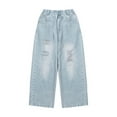 thumbnail image 1 of XAOWF Child Girls Casual Ripped Jeans Personality Elastic Waist Wide Leg Fashion Denim Pants With Multiple Pockets 4-12 Years Relaxed Fit Trendy Trousers, 1 of 9