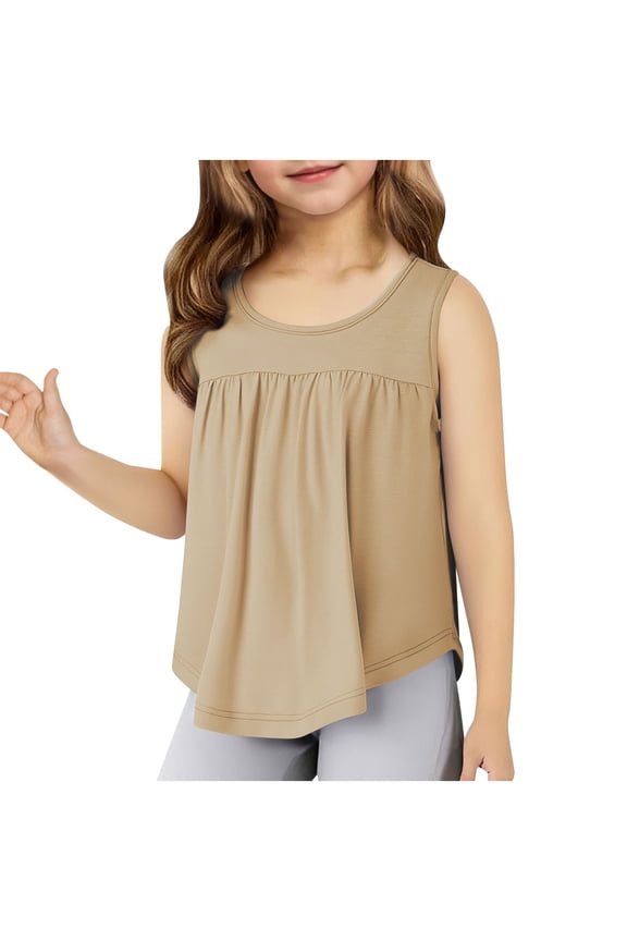 Child Girls Casual Vest Solid Color Comfortable Stretchy Round Neck Sleeveless Pleated Arc Hem Tank Top For School Outdoor Activities Leisure Stylish Tops 4-5 Years