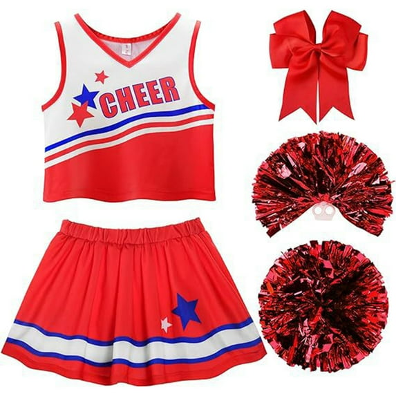 XAOWF Child Girls Cheerleading 3 Piece Sets Fashion Sleeveless Top And Casual Skirt With Pom-Poms Outfits Relaxed Fit Trendy Clothes Outfits