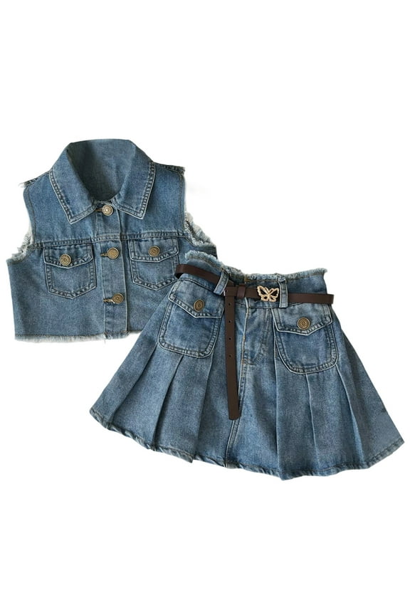 Child Girls Denim 2PC Sets Fashion Sleeveless Fringed Vest And Casual Pleated Skirt Sets Fashion Style Stylish Leisure Clothes Outfits 4-5 Years