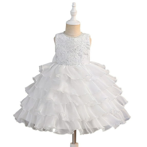 XAOWF Child Girls Dress Elegant Bow Layered Sleeveless Lace Flower Printed Princess Dresses Wedding Bridesmaid Flower Girl 3-7 Years 2025 Relaxed Fit Trendy Sundress