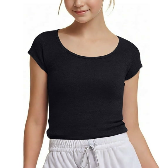 XAOWF Child Girls Fashion Crop Tee Square Neck Solid Color Rib Knit Short Sleeve Slim Fit Basic Tee Everyday Wear Relaxed Fit Versatile Tops