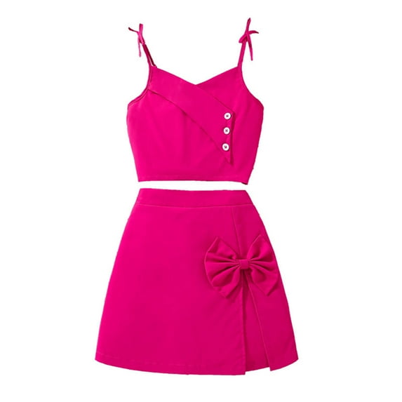 XAOWF Child Girls Summer Outfits Casual Spaghetti Strap Button Vest And Bow Skirt Fashion Clothes Sets Stylish Leisure Clothes Outfits 8 Years