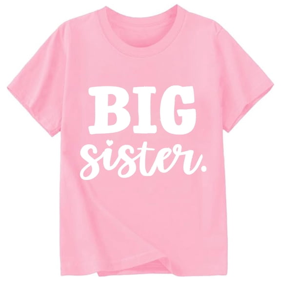XAOWF Child Girls T Shirt Fashion Crew Neck Casual Big Sister Letter Printed Short Sleeve Tshirts Daily Wear Leisure Stylish Tops 6-7 Years