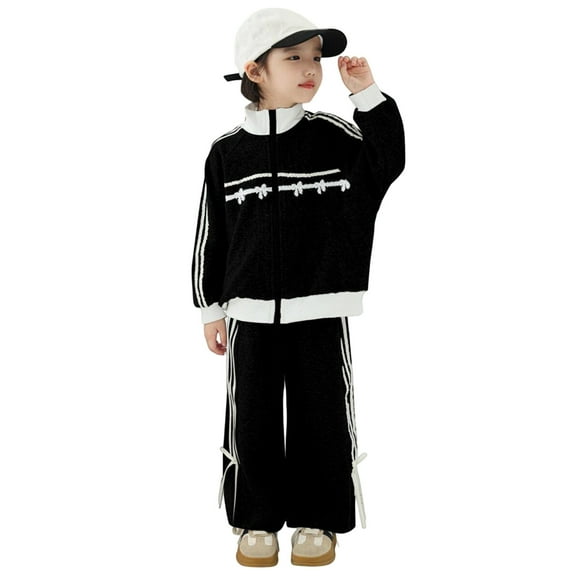 XAOWF Child Kids Girls Casual 2 Piece Set Fashion Lace Bow Striped Printed Long Sleeve Baseball Sweatshirt And Pants Tracksuit Outfit Child Kids Trendy Outfits 3-4 Years