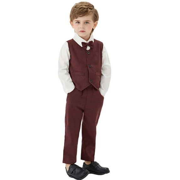 XAOWF Child Toddlers Boys Formal Suit Elegant Vest Bow Tie Long Sleeve Shirt And Pants Outfit For Kids Party Wedding 6 Months-7 Years Trendy Relaxed Fit Outfit