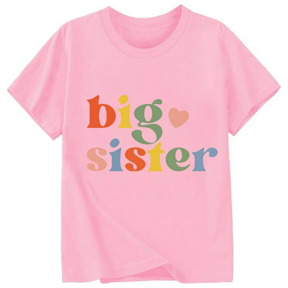 XAOWF Child Toddlers Girls T Shirt Crew Neck Funny Big Sister Letter Printed Fashion Short Sleeve Tshirts Daily Wear Leisure Stylish Tops 4-5 Years