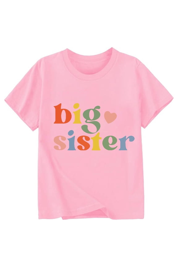 Child Toddlers Girls T Shirt Crew Neck Funny Big Sister Letter Printed Fashion Short Sleeve Tshirts Daily Wear Relaxed Fit Versatile Tops 3-4 Years