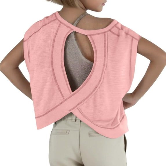 XAOWF Girls Casual T-Shirt Loose Fit Short Sleeve Solid Color Backless T Shirt For Yoga Sports Short Running Relaxed Fit Versatile Tops 5-6 Years