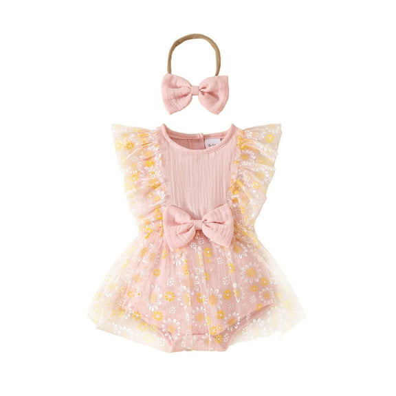 XAOWF Girls Short Sleeve Romper Solid Color Lightweight Comfortable Ruffles Mesh Bodysuit Dress Lovely Leisure Rompers 9-12 Months