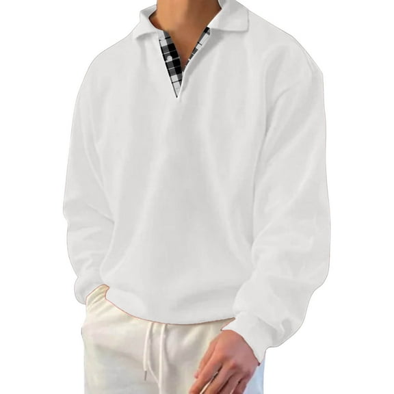 XAOWF Men'S Casual Plaid Button-Up Sweatshirt Solid Color Loose Fit Long Sleeve Turndown Collar Stylish Pullover Street Style 2025 Autumn Versatile Trendy Tops