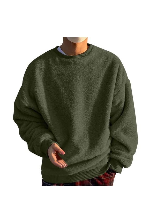 Men'S Casual Plush Sweatshirt Round Neck Solid Color Drop Sleeve Loose Fit Simple Stylish Pullover Everyday Wear 2025 Autumn Versatile Trendy Tops