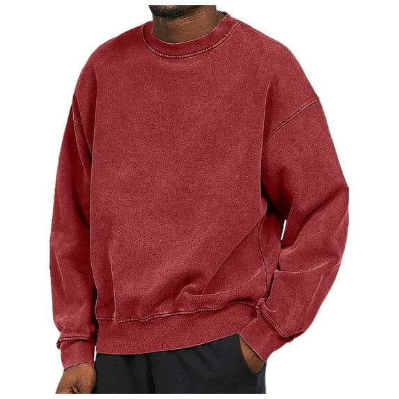 XAOWF Men'S Casual Solid Color Sweatshirt Vintage Wash Round Neck Loose Fit Drop Sleeve Stylish Pullover Street Style 2025 Autumn Comfort Breathable Tops