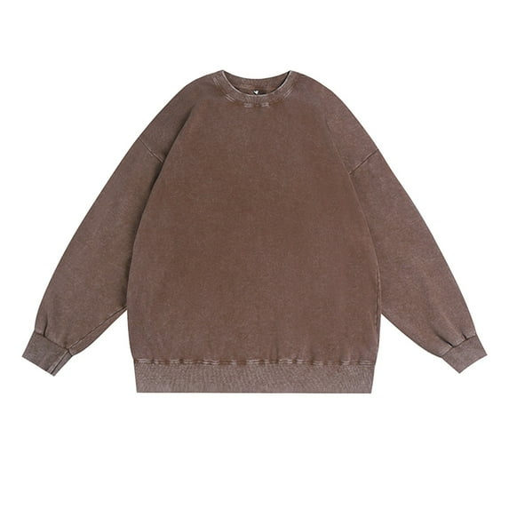 XAOWF Men'S Distressed Sweatshirt Solid Color Round Neck Washed Vintage Oversized Loose Fit Drop Sleeve Stylish Pullover Street Style 2025 Autumn Comfort Breathable Tops